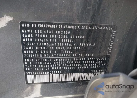 2024 Volkswagen Taos 1.5T S from USA, damaged, VIN 3VV8X7B25RM068148